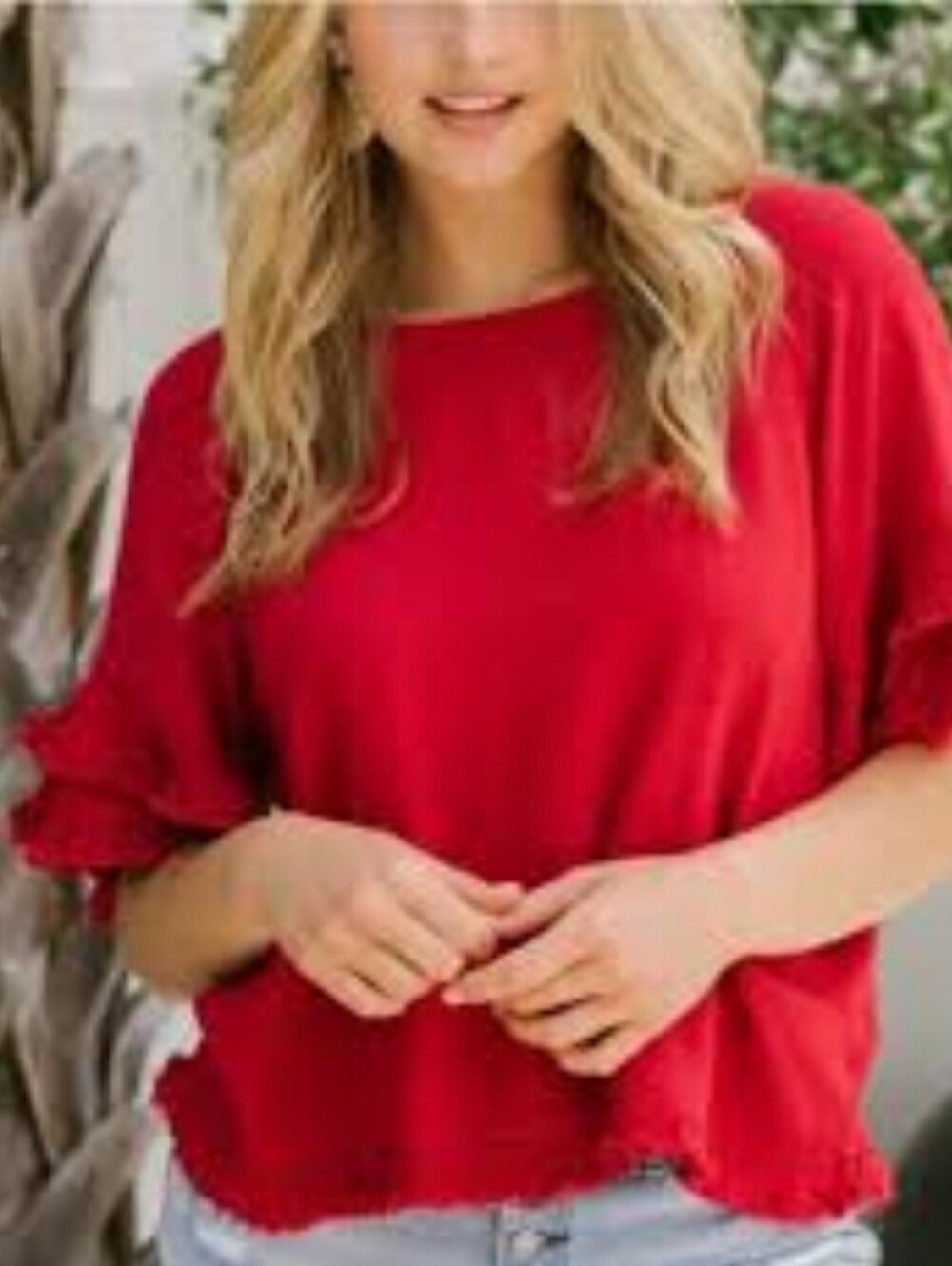 Umgee short-sleeve tiered babydoll tunic top in a rich crimson/red hue. Size med
